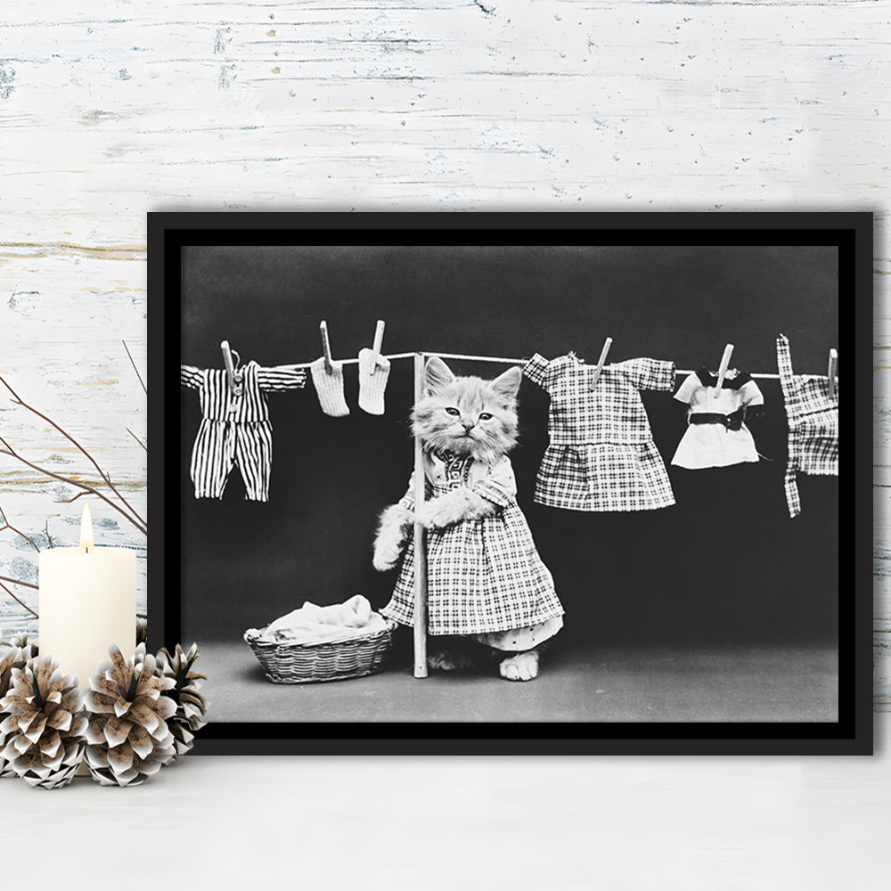 Kitten Hanging Laundry Black and White Art Funny Animal Photos, Floating Framed Canvas Print