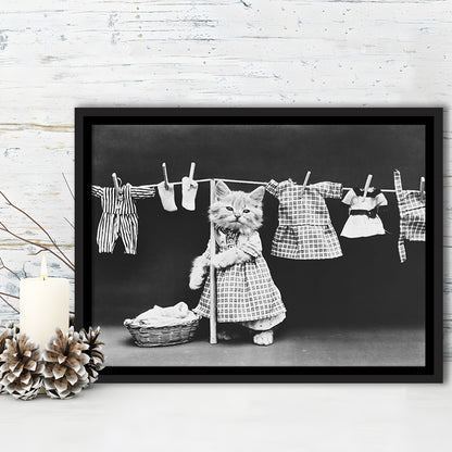 Kitten Hanging Laundry Black and White Art Funny Animal Photos, Floating Framed Canvas Print