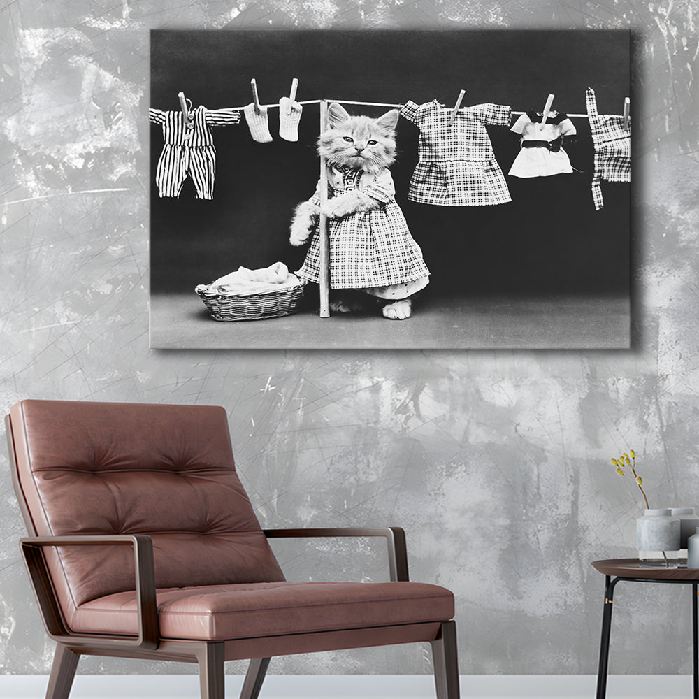 Kitten Hanging Laundry Black and White Art Funny Animal Photos, Canvas Print Wall Art Decor
