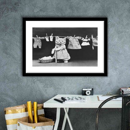 Kitten Hanging Laundry Black and White Art Funny Animal Photos, Framed Art Print White Border Wall Decor