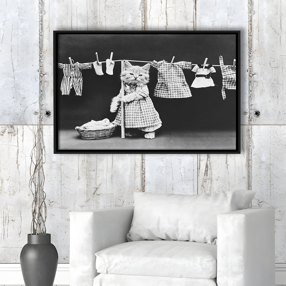 Kitten Hanging Laundry Black and White Art Funny Animal Photos, Floating Framed Canvas Print