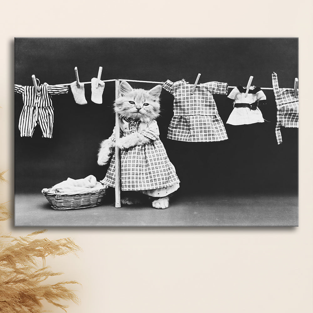 Kitten Hanging Laundry Black and White Art Funny Animal Photos, Canvas Print Wall Art Decor