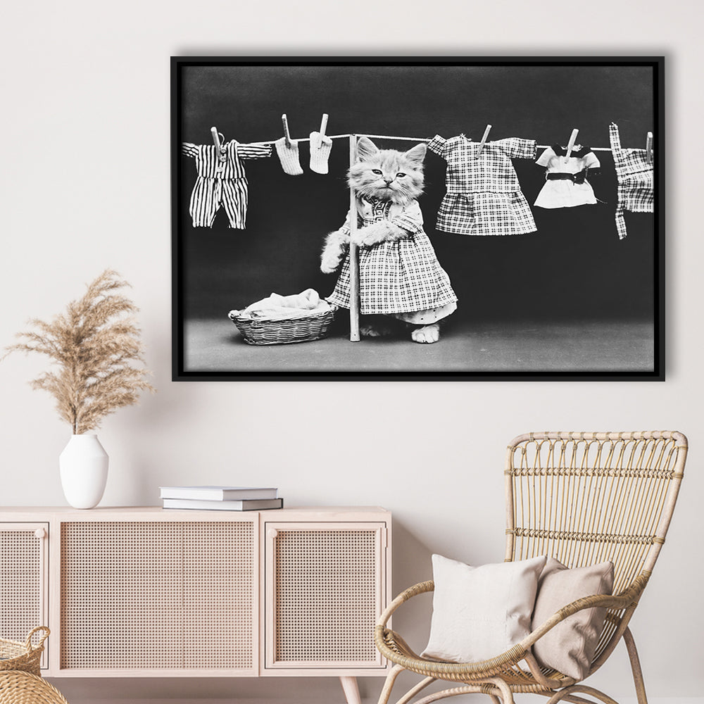 Kitten Hanging Laundry Black and White Art Funny Animal Photos, Floating Framed Canvas Print