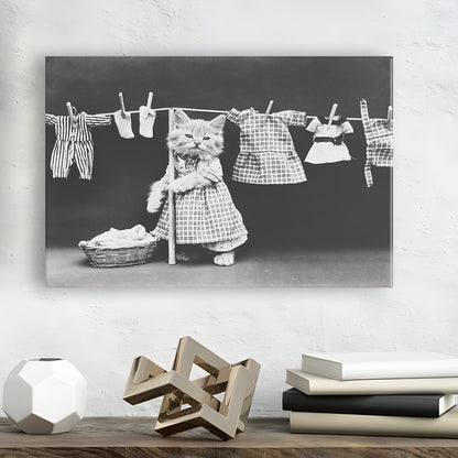Kitten Hanging Laundry Black and White Art Funny Animal Photos, Canvas Print Wall Art Decor