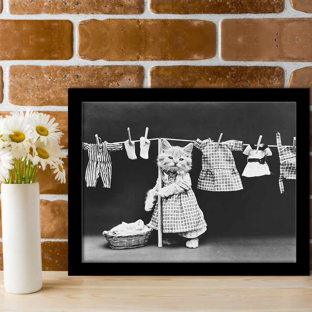 Kitten Hanging Laundry Black and White Art Funny Animal Photos, Framed Art Print Wall Decor