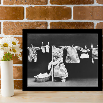 Kitten Hanging Laundry Black and White Art Funny Animal Photos, Framed Art Print Wall Decor