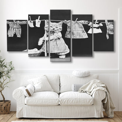 Kitten Hanging Laundry Black and White Art Funny Animal Photos, Mixed 5 Pieces Canvas Print