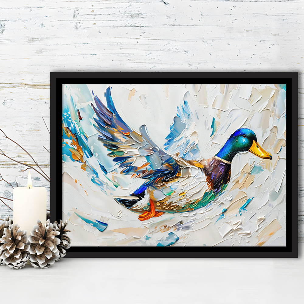 Knife PaintingMallard Duck Flying, Framed Canvas Print, Painting Art, Floating Framed Canvas Print Wall Art