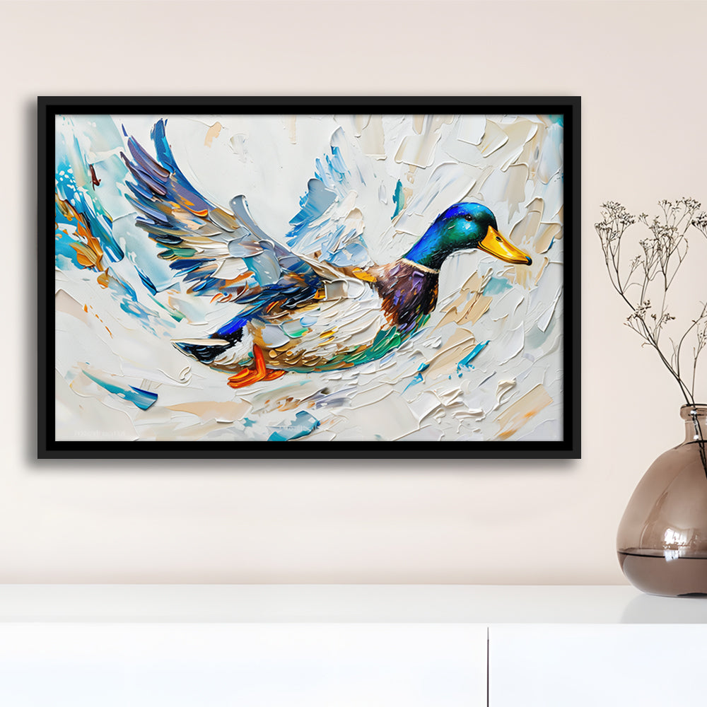 Knife PaintingMallard Duck Flying, Framed Canvas Print, Painting Art, Floating Framed Canvas Print Wall Art