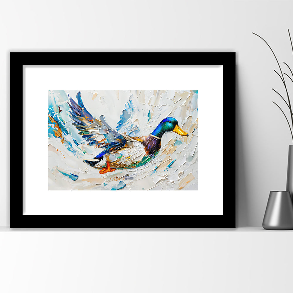 Knife PaintingMallard Duck Flying, Framed  Print, Painting Art, Framed Art Print White Border Wall Decor