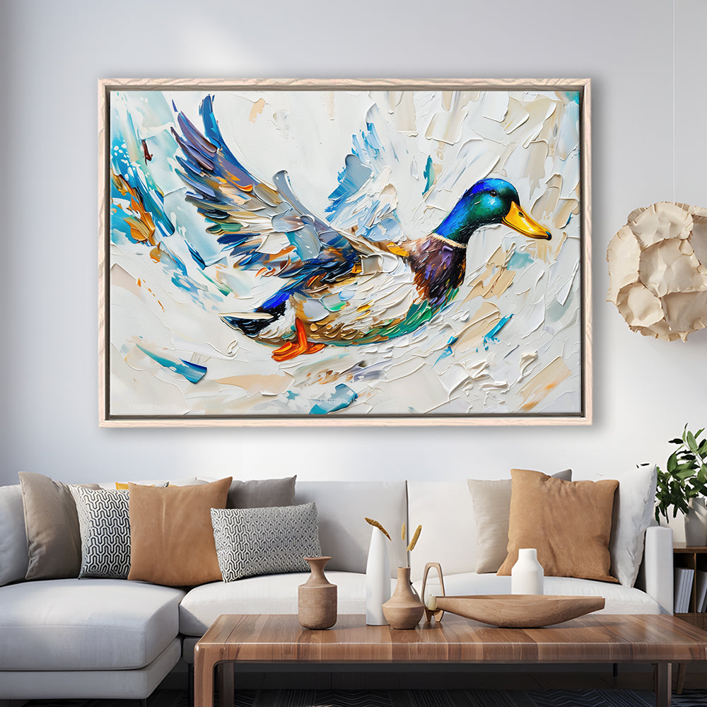 Knife PaintingMallard Duck Flying, Framed Canvas Print, Painting Art, Floating Framed Canvas Print Wall Art