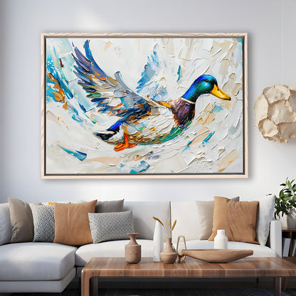 Knife PaintingMallard Duck Flying, Framed Canvas Print, Painting Art, Floating Framed Canvas Print Wall Art