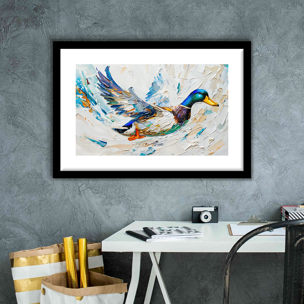 Knife PaintingMallard Duck Flying, Framed  Print, Painting Art, Framed Art Print White Border Wall Decor