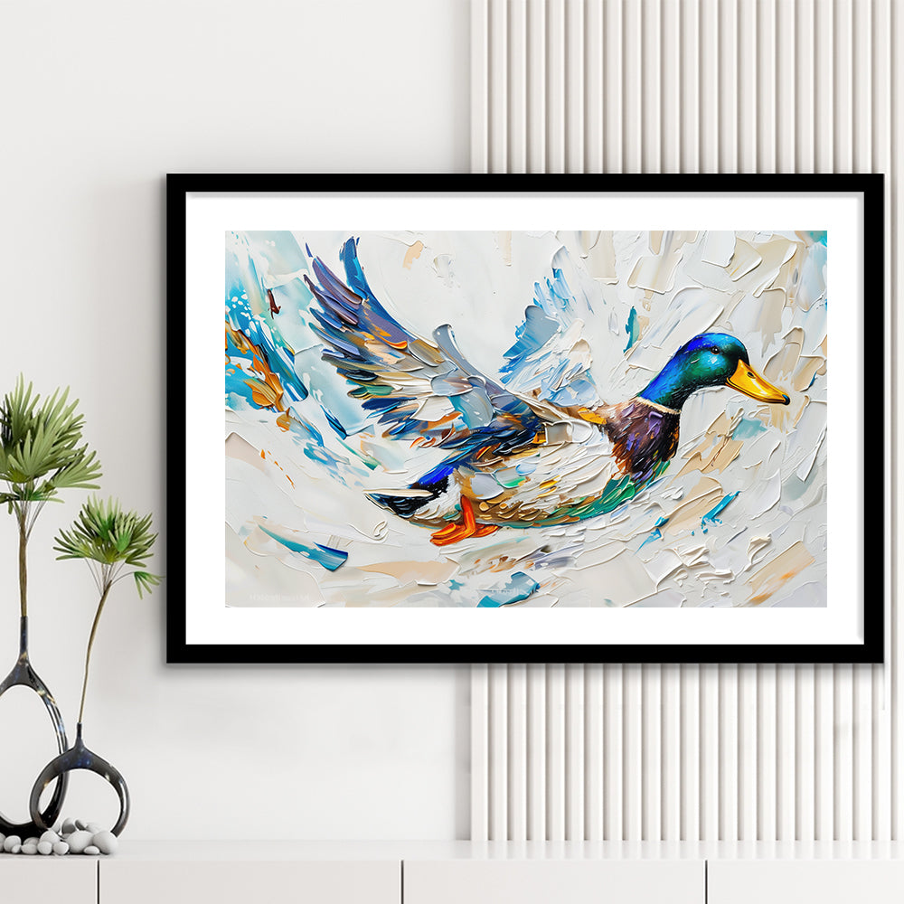 Knife PaintingMallard Duck Flying, Framed  Print, Painting Art, Framed Art Print White Border Wall Decor