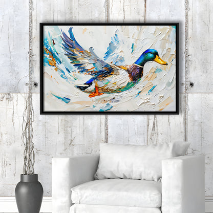 Knife PaintingMallard Duck Flying, Framed Canvas Print, Painting Art, Floating Framed Canvas Print Wall Art