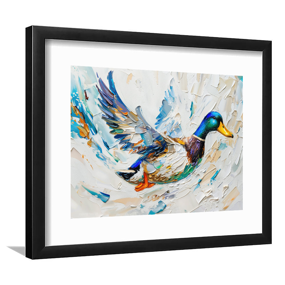 Knife PaintingMallard Duck Flying, Framed  Print, Painting Art, Framed Art Print White Border Wall Decor