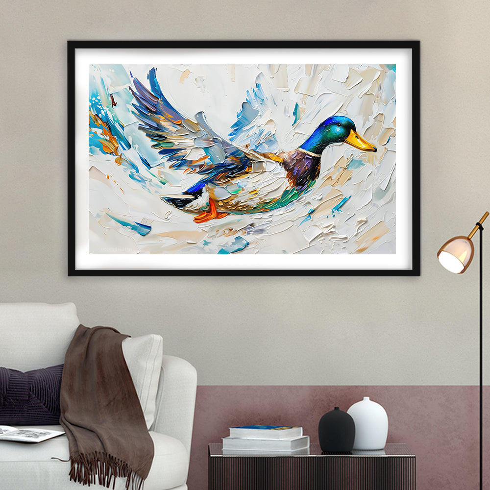 Knife PaintingMallard Duck Flying, Framed  Print, Painting Art, Framed Art Print White Border Wall Decor