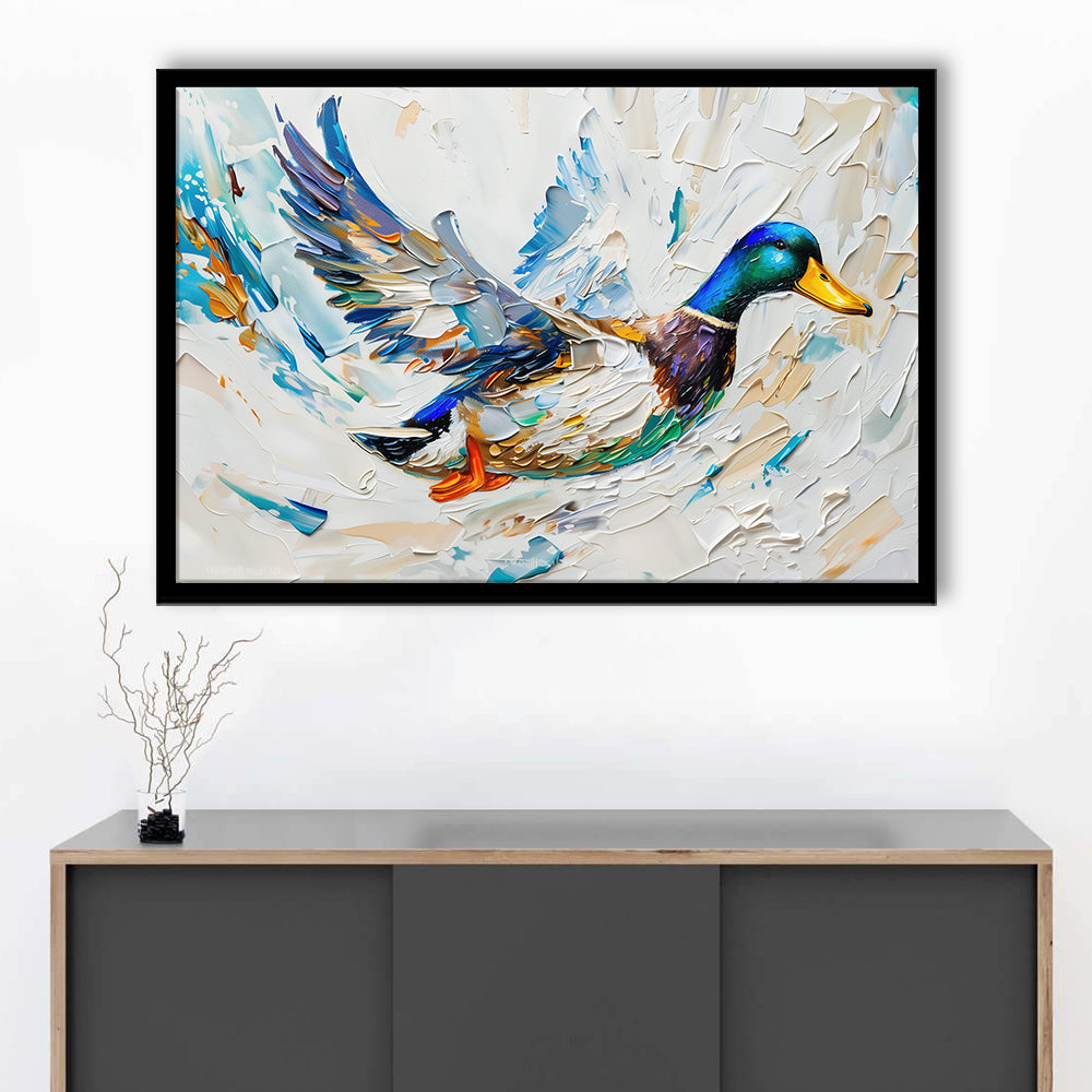 Knife PaintingMallard Duck Flying, Framed  Print, Painting Art, Framed Art Print Wall Decor, Framed Picture