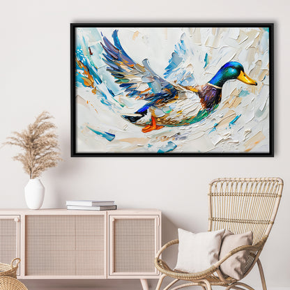 Knife PaintingMallard Duck Flying, Framed Canvas Print, Painting Art, Floating Framed Canvas Print Wall Art