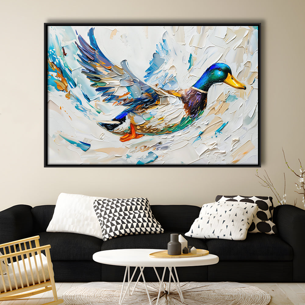 Knife PaintingMallard Duck Flying, Framed Canvas Print, Painting Art, Floating Framed Canvas Print Wall Art