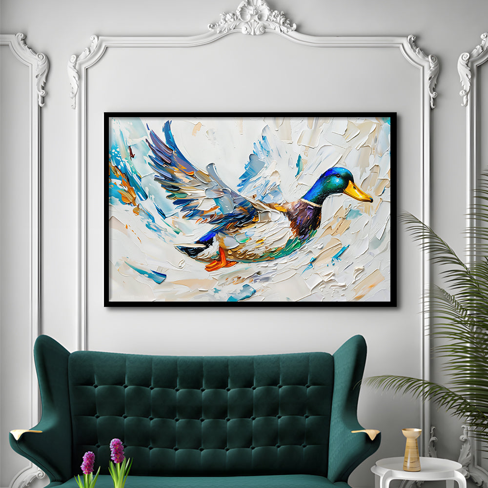 Knife PaintingMallard Duck Flying, Framed  Print, Painting Art, Framed Art Print Wall Decor, Framed Picture