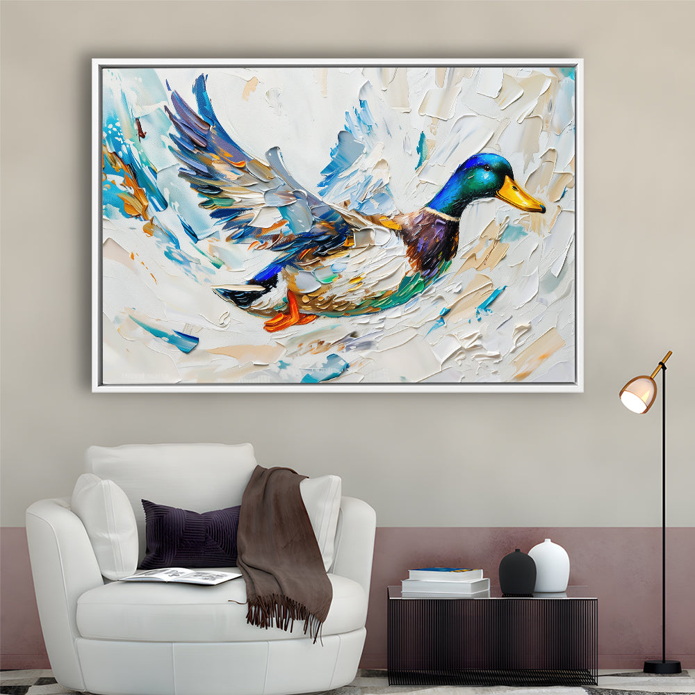 Knife PaintingMallard Duck Flying, Framed Canvas Print, Painting Art, Floating Framed Canvas Print Wall Art