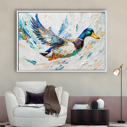 Knife PaintingMallard Duck Flying, Framed Canvas Print, Painting Art, Floating Framed Canvas Print Wall Art
