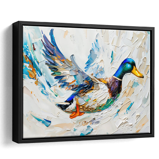 Knife PaintingMallard Duck Flying, Framed Canvas Print, Painting Art, Floating Framed Canvas Print Wall Art