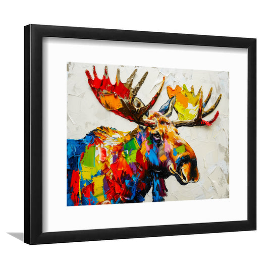 Knife Painting Colorful Moose Portrait, Framed  Print, Painting Art, Framed Art Print White Border Wall Decor