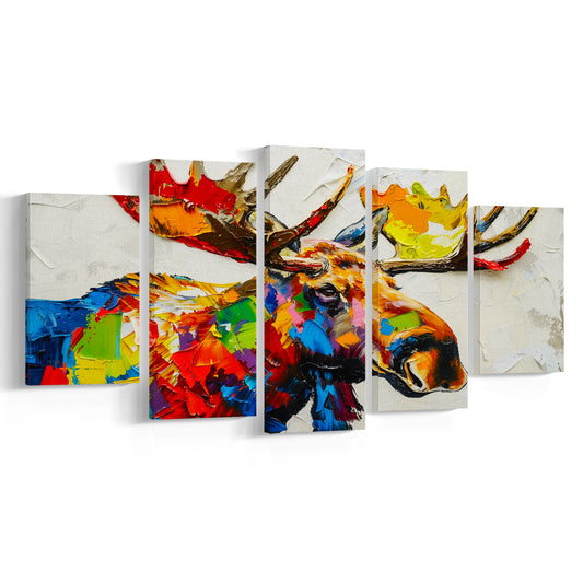 Knife Painting Colorful Moose Portrait, Canvas Art Decor Print, Painting Art, Mixed Panels Canvas Print Wall Art