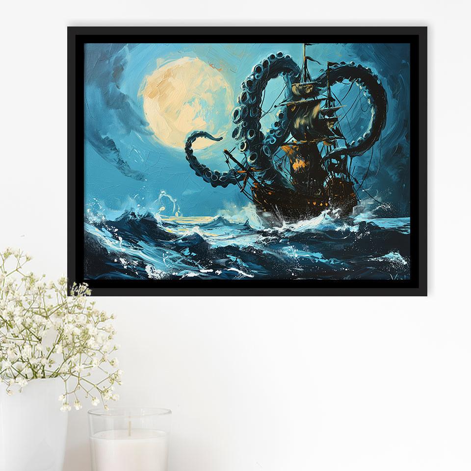 Kraken Tentacle Monster Attacks Pirate Ship In Moonlight, Framed Canvas Painting, Framed Canvas Prints Wall Art Decor