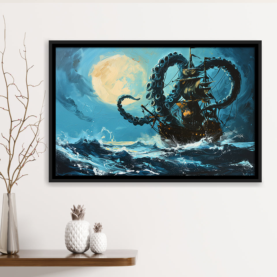 Kraken Tentacle Monster Attacks Pirate Ship In Moonlight, Framed
