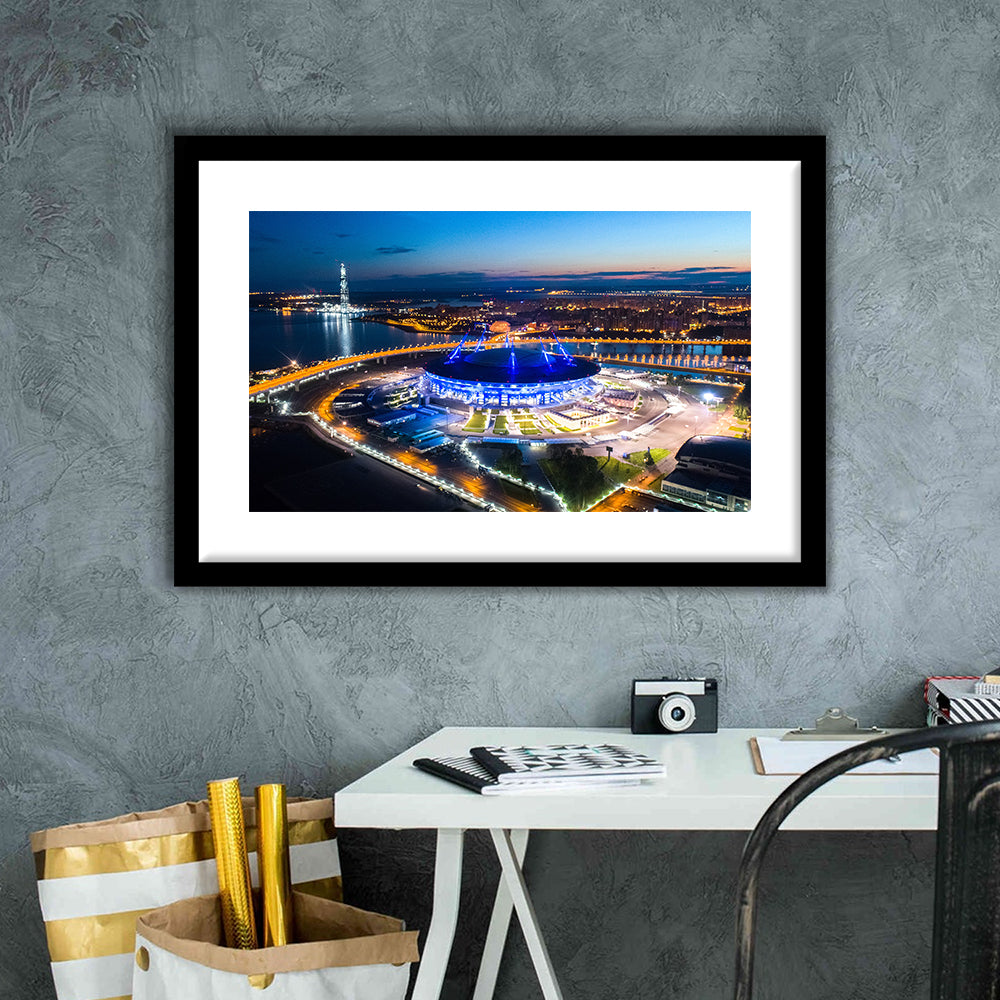 Krestovsky Stadium Saint petersburg, Stadium Canvas, Sport Art, Gift for him, White Border Framed Art Print Wall Decor