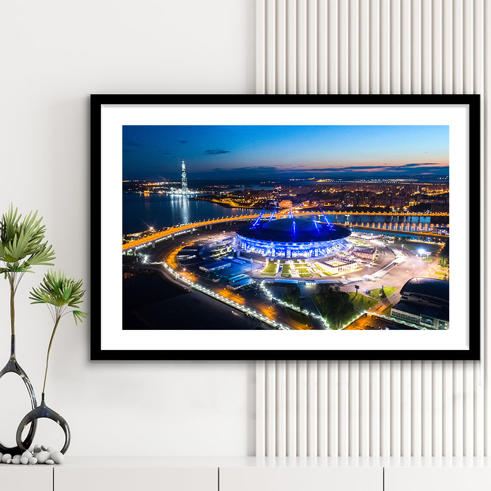 Krestovsky Stadium Saint petersburg, Stadium Canvas, Sport Art, Gift for him, White Border Framed Art Print Wall Decor