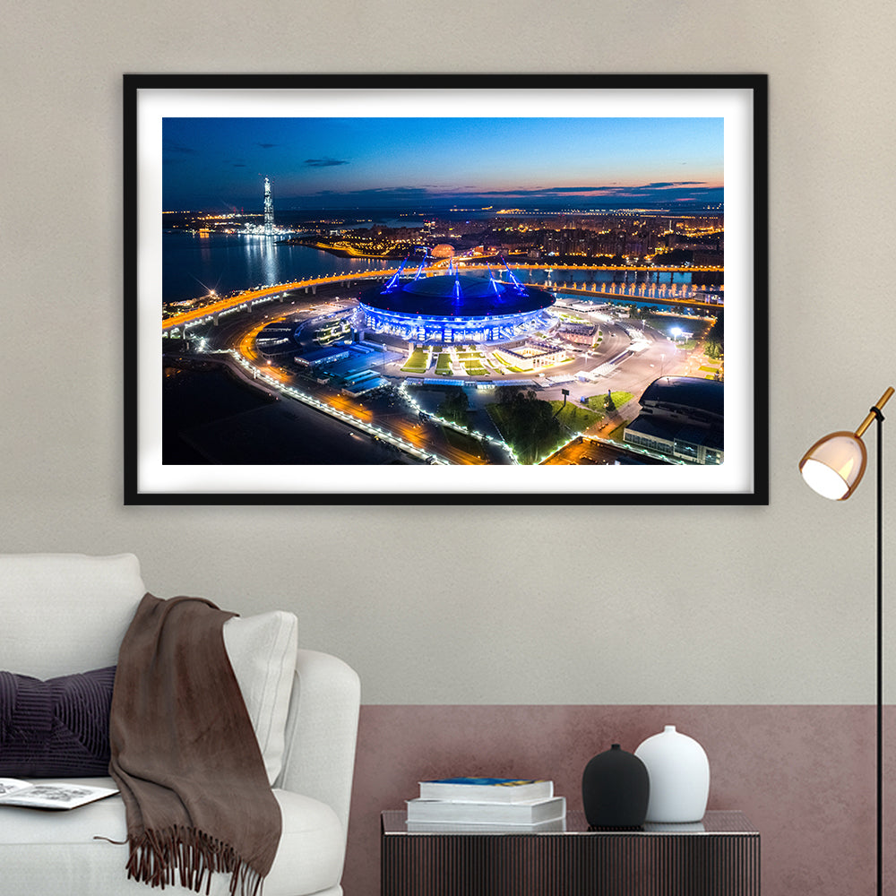 Krestovsky Stadium Saint petersburg, Stadium Canvas, Sport Art, Gift for him, White Border Framed Art Print Wall Decor
