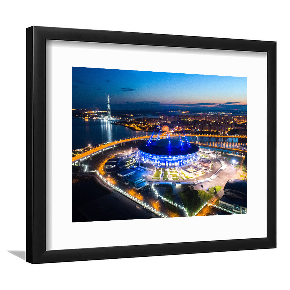 Krestovsky Stadium Saint petersburg, Stadium Canvas, Sport Art, Gift for him, White Border Framed Art Print Wall Decor