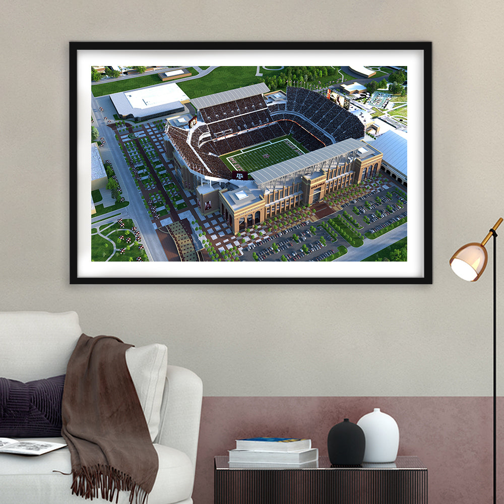 Kyle Field Ariel View, Stadium Canvas, Sport Art, Gift for him, White Border Framed Art Print Wall Decor