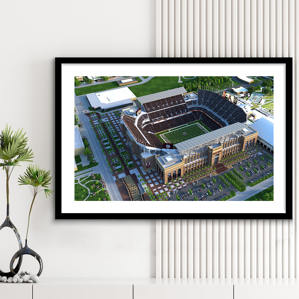 Kyle Field Ariel View, Stadium Canvas, Sport Art, Gift for him, White Border Framed Art Print Wall Decor