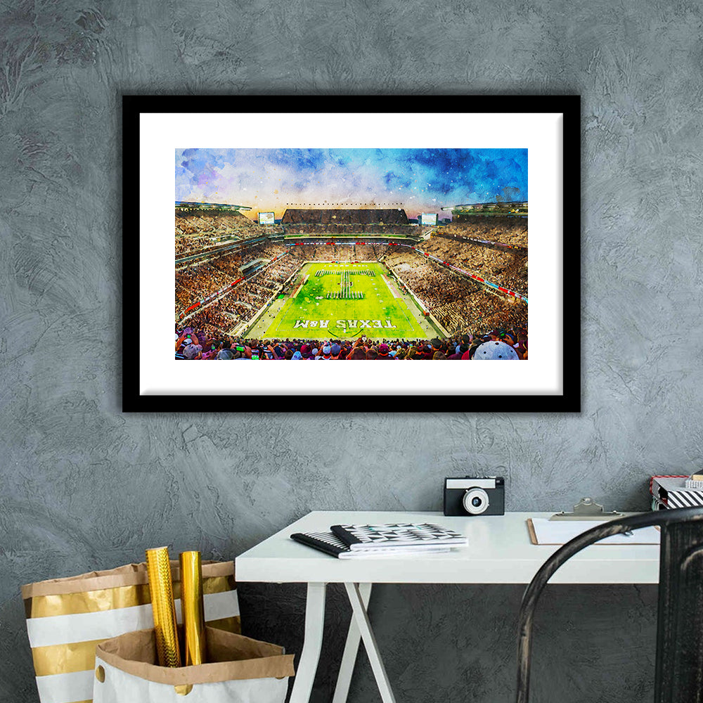 Kyle Field Texas Stadium Watercolor, Framed  Print, Painting Art, Framed Art Print White Border Wall Decor