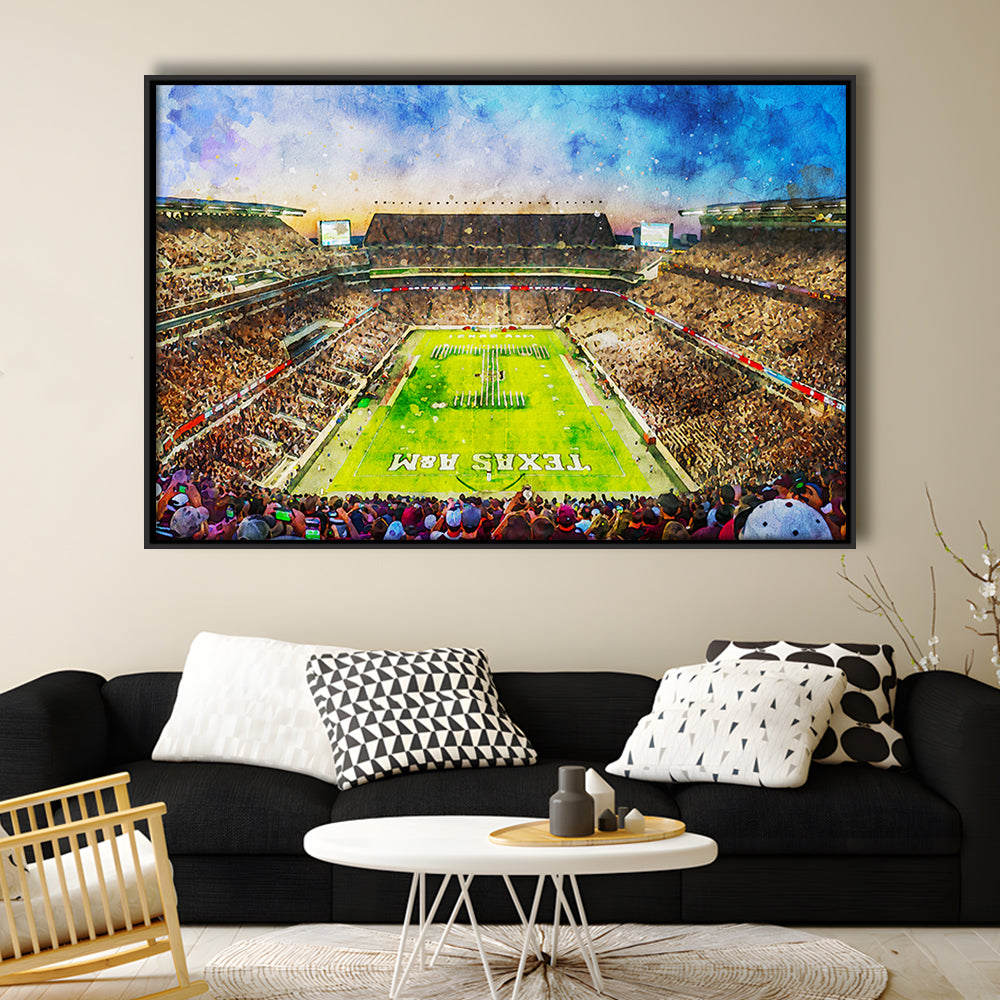 Kyle Field Texas Stadium Watercolor, Framed Canvas Print, Painting Art, Floating Framed Canvas Print Wall Art