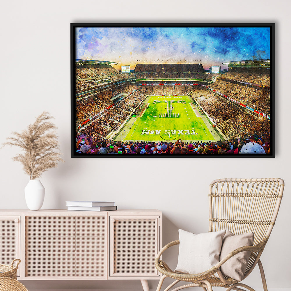 Kyle Field Texas Stadium Watercolor, Framed Canvas Print, Painting Art, Floating Framed Canvas Print Wall Art