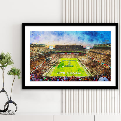 Kyle Field Texas Stadium Watercolor, Framed  Print, Painting Art, Framed Art Print White Border Wall Decor