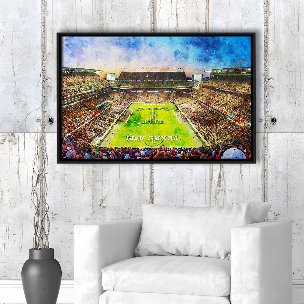 Kyle Field Texas Stadium Watercolor, Framed Canvas Print, Painting Art, Floating Framed Canvas Print Wall Art
