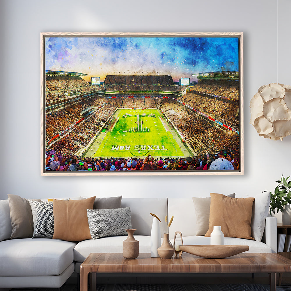 Kyle Field Texas Stadium Watercolor, Framed Canvas Print, Painting Art, Floating Framed Canvas Print Wall Art