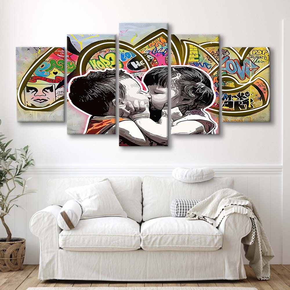 Love Art Print, 5 Panel Mixed Canvas Print Wall Art, Home Decor, Neon Canvas