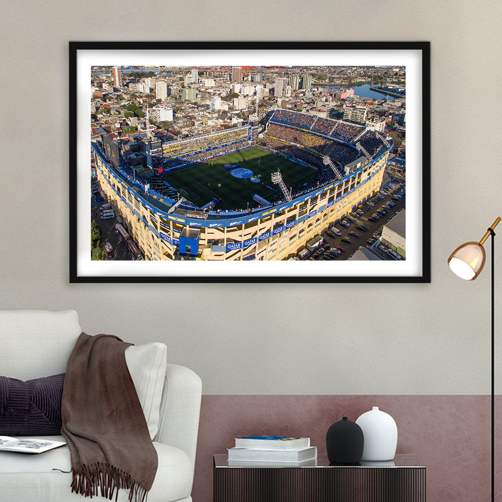La Boca Stadium Aerial View, Stadium Canvas, Sport Art, Gift for him, White Border Framed Art Print Wall Decor