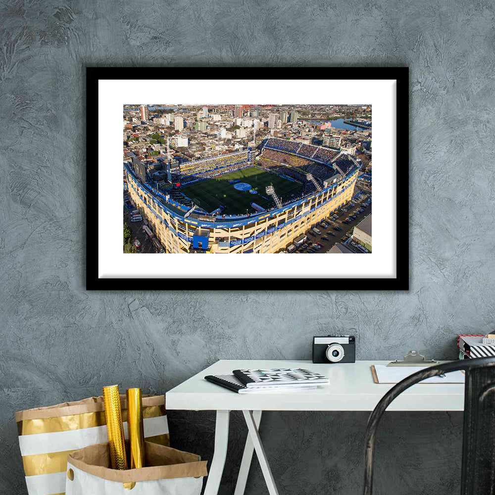 La Boca Stadium Aerial View, Stadium Canvas, Sport Art, Gift for him, White Border Framed Art Print Wall Decor