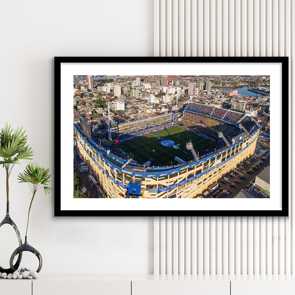 La Boca Stadium Aerial View, Stadium Canvas, Sport Art, Gift for him, White Border Framed Art Print Wall Decor