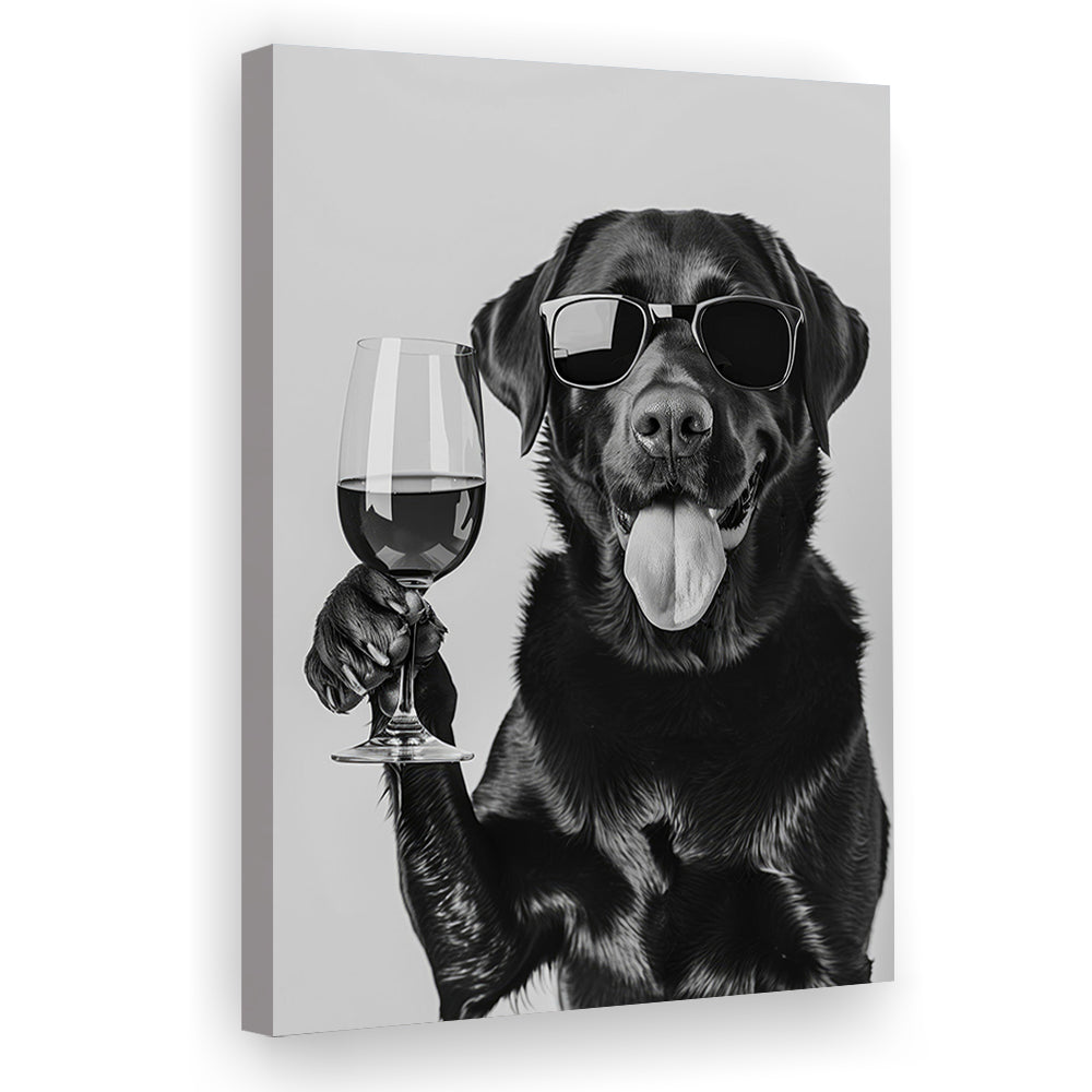 Labrador Drinking Wine Canvas Print Wall Art, Black and White, Black Lab, Bar Cart Print, Pet Art,, Home Bar Decor