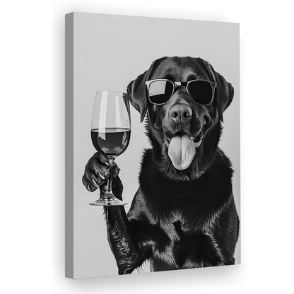 Labrador Drinking Wine Canvas Print Wall Art, Black and White, Black Lab, Bar Cart Print, Pet Art,, Home Bar Decor